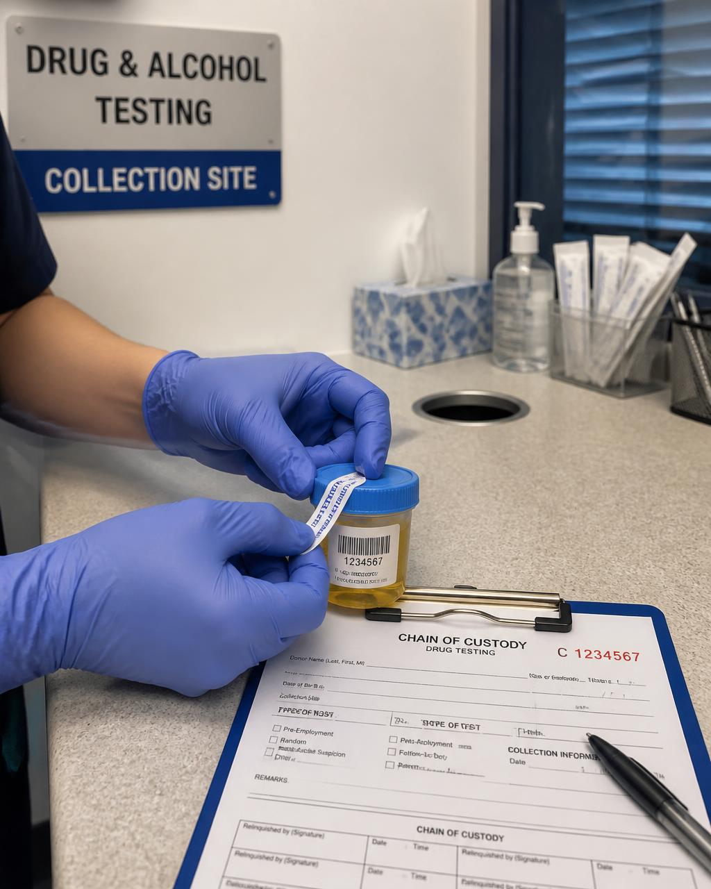 Gloved collector sealing a labeled specimen cup beside chain of custody paperwork