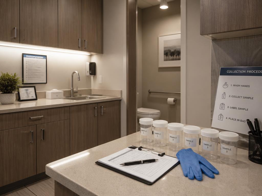 Clean private specimen collection room with labeled sample cups and paperwork